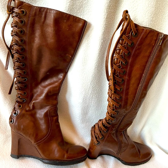 Apepazza Italian Distressed Leather Lace-Up Heeled Boots in Cognac - Picture 2 of 6